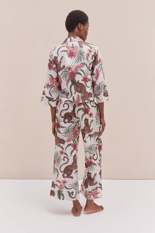 Desmond & Dempsey Boxy Shirt And Wide Leg Trouser Set Soleia Leopard Print Cream