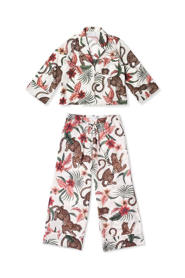 Desmond & Dempsey Boxy Shirt And Wide Leg Trouser Set Soleia Leopard Print Cream