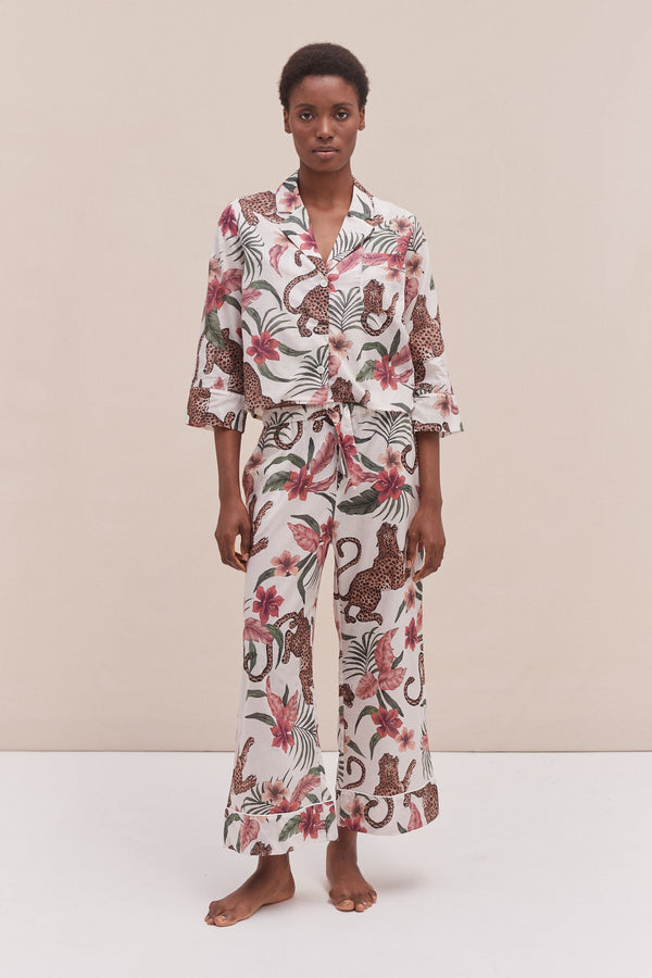 desmond & dempsey Boxy Shirt and Wide Leg Trouser Set Soleia Leopard Print Cream