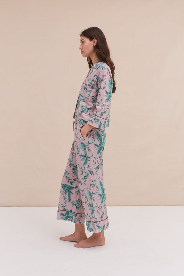 desmond & Dempsey Boxy Shirt And Wide Leg Trouser Set The Bromley Parrot Print Pink/Blue