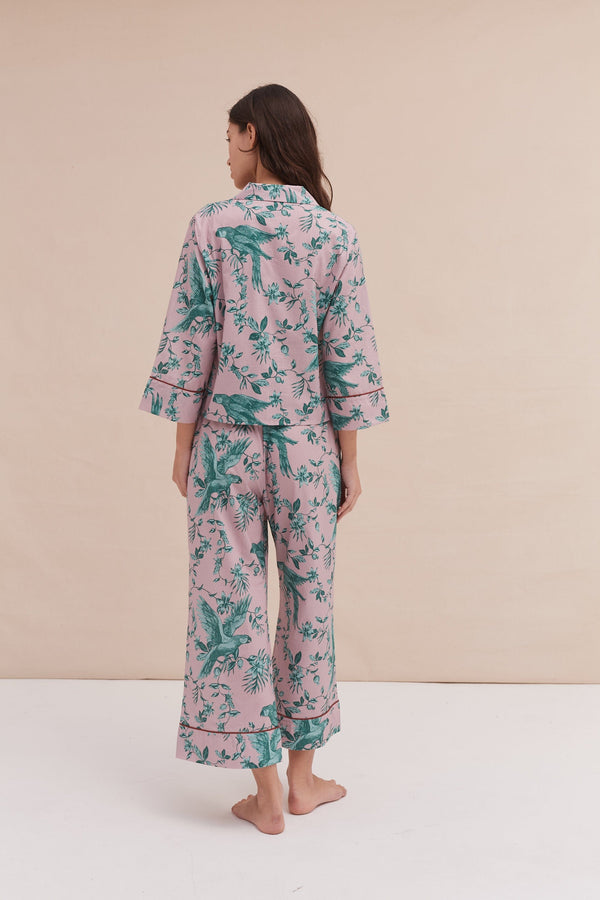 desmond & Dempsey Boxy Shirt And Wide Leg Trouser Set The Bromley Parrot Print Pink/Blue