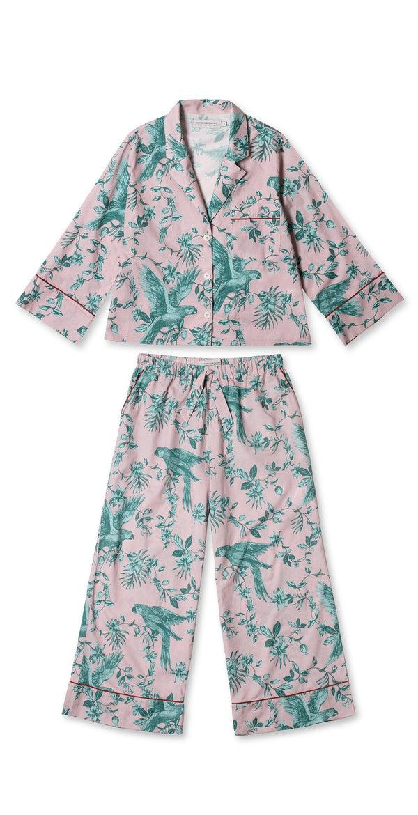 desmond & Dempsey Boxy Shirt And Wide Leg Trouser Set The Bromley Parrot Print Pink/Blue