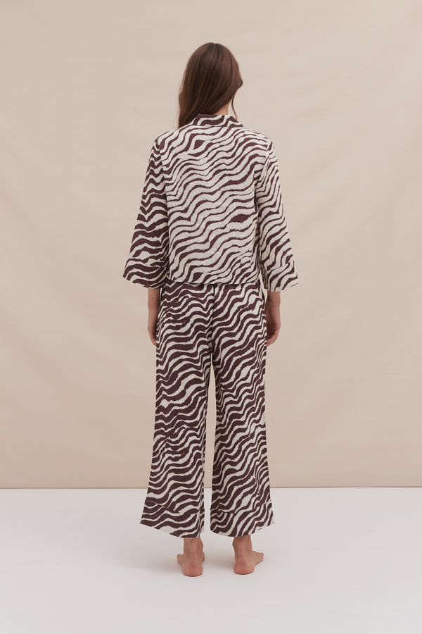 Desmond & Dempsey Boxy Shirt And Wide Leg Trouser Set Tide Print Cocoa/Cream Linen