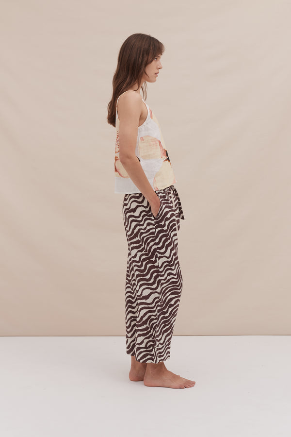 Desmond & Dempsey Boxy Shirt Cami Top And Wide Leg Trouser Set Hibiscus/Tide Print Yellow/Cocoa/Cream Linen