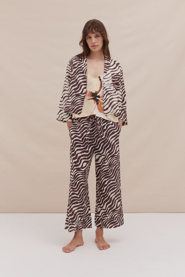 desmond & dempsey Boxy Shirt Cami Top and Wide Leg Trouser Set Hibiscus/Tide Print Yellow/Cocoa/Cream Linen
