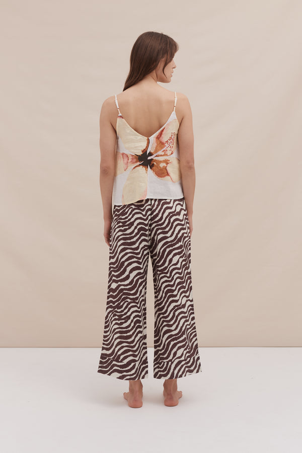 Desmond & Dempsey Cami Top And Wide Leg Trouser Set Hibiscus/Tide Print Yellow/Cocoa/Cream Linen