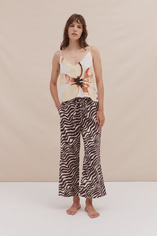 desmond & dempsey Cami Top and Wide Leg Trouser Set Hibiscus/Tide Print Yellow/Cocoa/Cream Linen