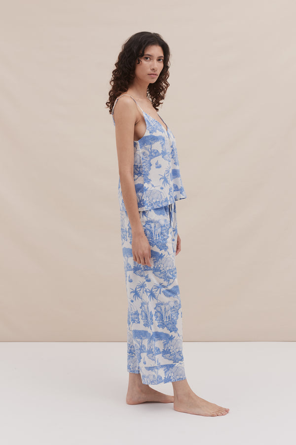 Desmond & Dempsey Cami Top And Wide Leg Trouser Set Loxodonta Print Blue
