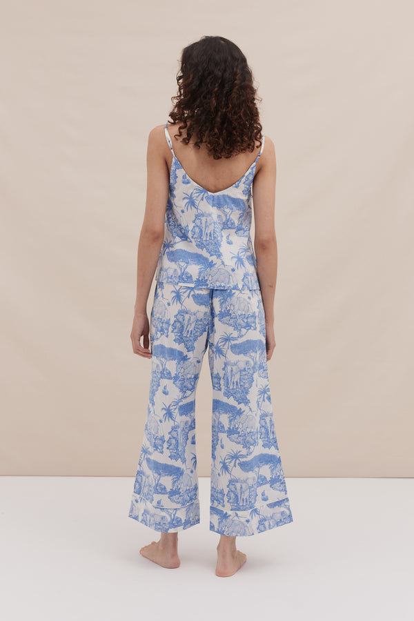 Desmond & Dempsey Cami Top And Wide Leg Trouser Set Loxodonta Print Blue