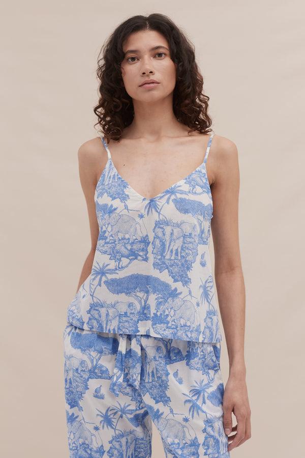 Desmond & Dempsey Cami Top And Wide Leg Trouser Set Loxodonta Print Blue