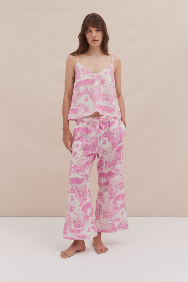 desmond & dempsey Cami Top and Wide Leg Trouser Set Loxodonta Print Pink