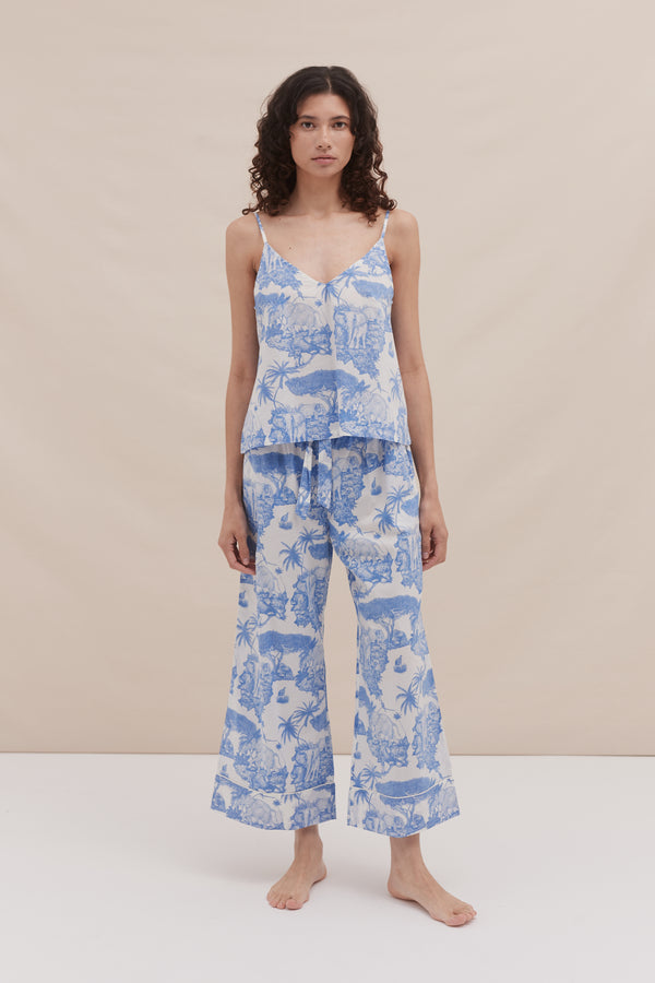 desmond & dempsey Cami Top and Wide Leg Trouser Set Loxodonta Print Blue