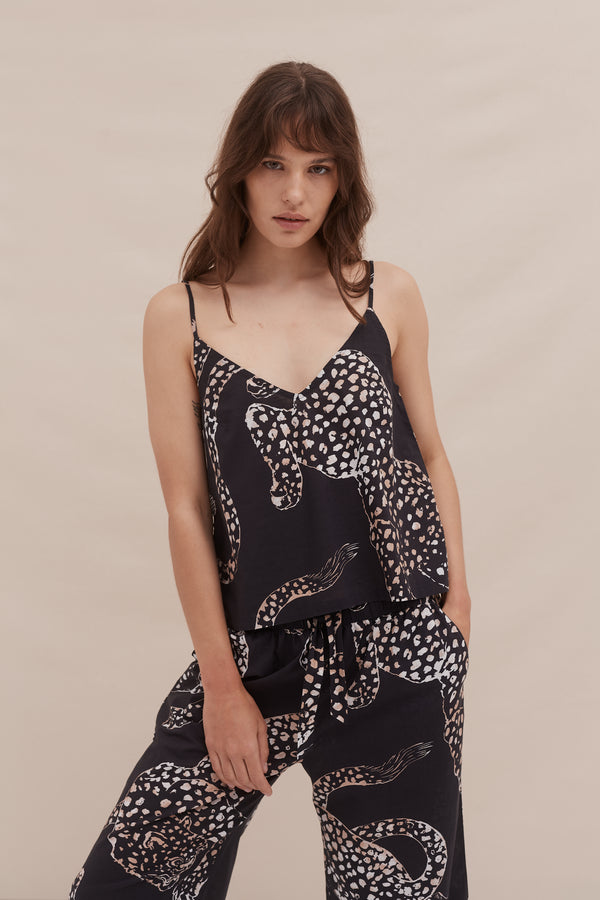 Desmond & Dempsey Cami Top And Wide Leg Trouser Set The Jag Print Navy