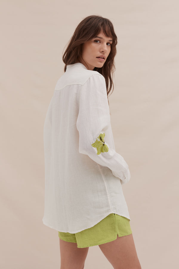 Desmond & Dempsey Embroidered Linen Cream/Lime
