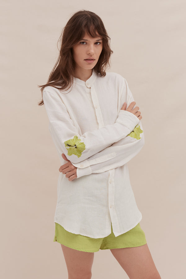 Desmond & Dempsey Embroidered Linen Cream/Lime