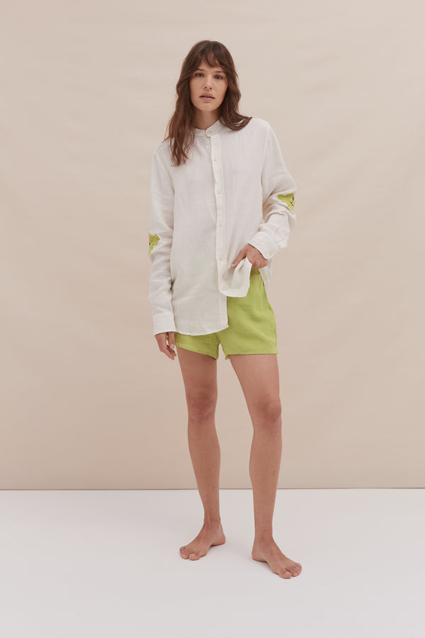 desmond & dempsey Embroidered Linen Cream/Lime