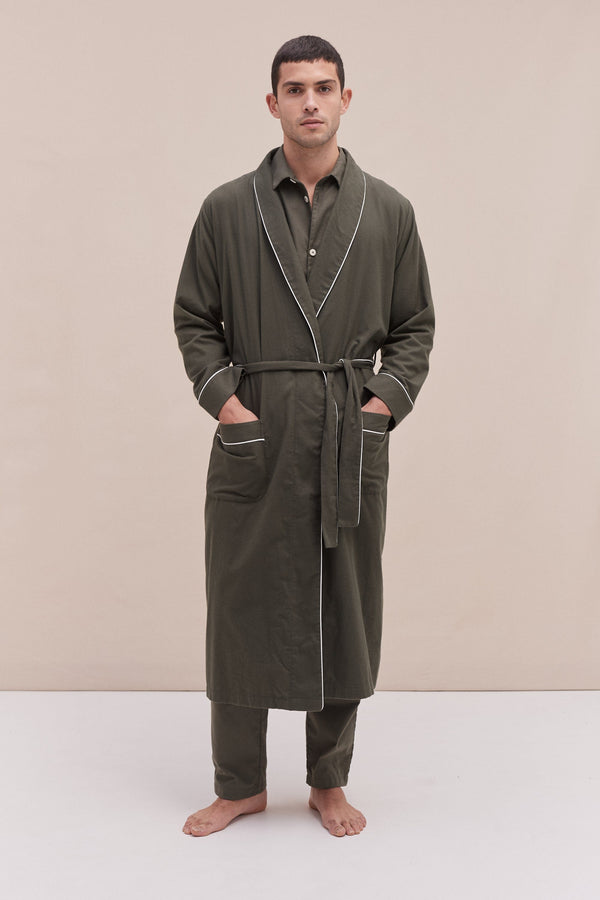 Desmond & Dempsey His Robe Brushed Cotton Khaki