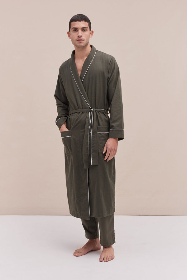 Desmond & Dempsey His Robe Brushed Cotton Khaki