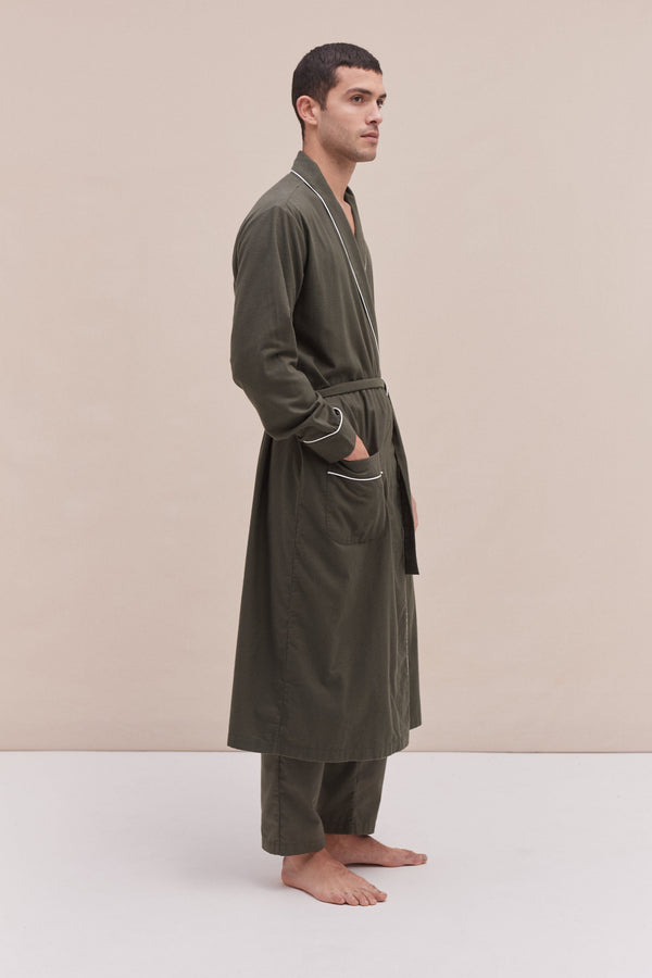 Desmond & Dempsey His Robe Brushed Cotton Khaki
