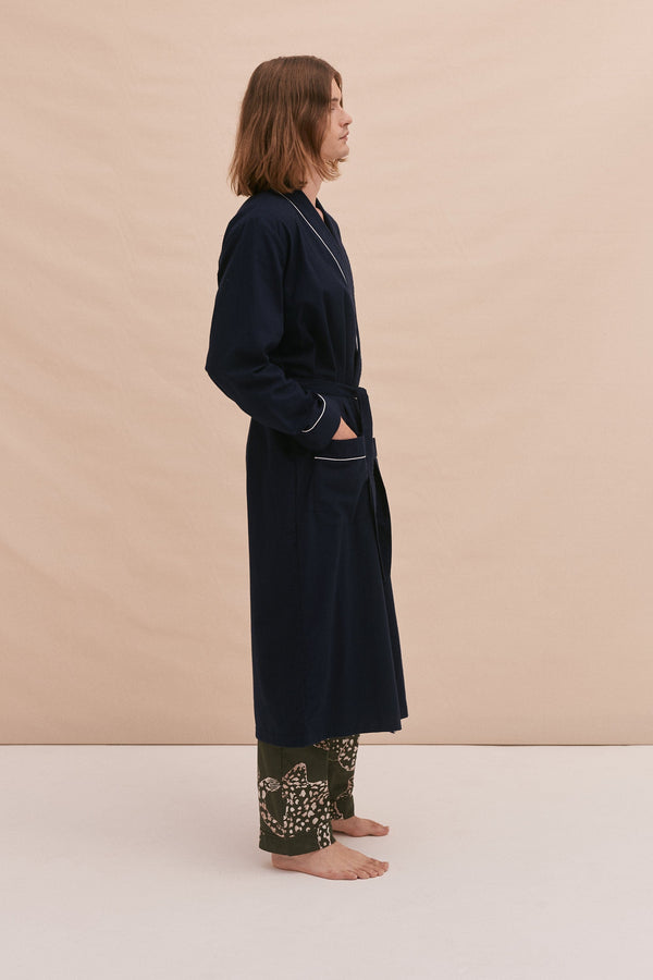 Desmond & Dempsey His Robe Brushed Cotton Navy