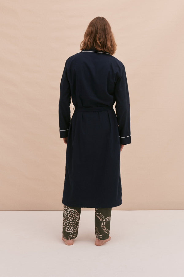 Desmond & Dempsey His Robe Brushed Cotton Navy