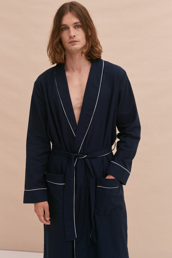 Desmond & Dempsey His Robe Brushed Cotton Navy