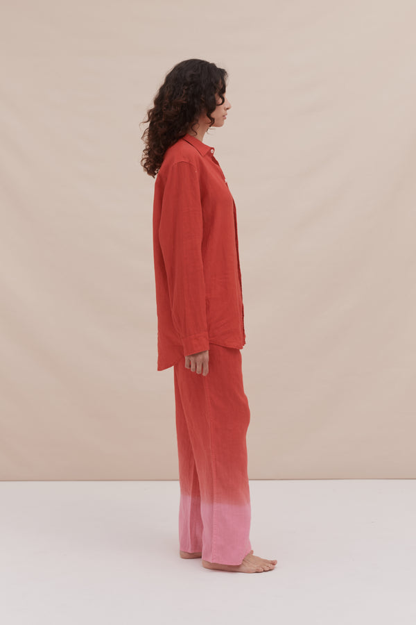 Desmond & Dempsey Long Lounge Set Dip Dye Red/Pink Linen