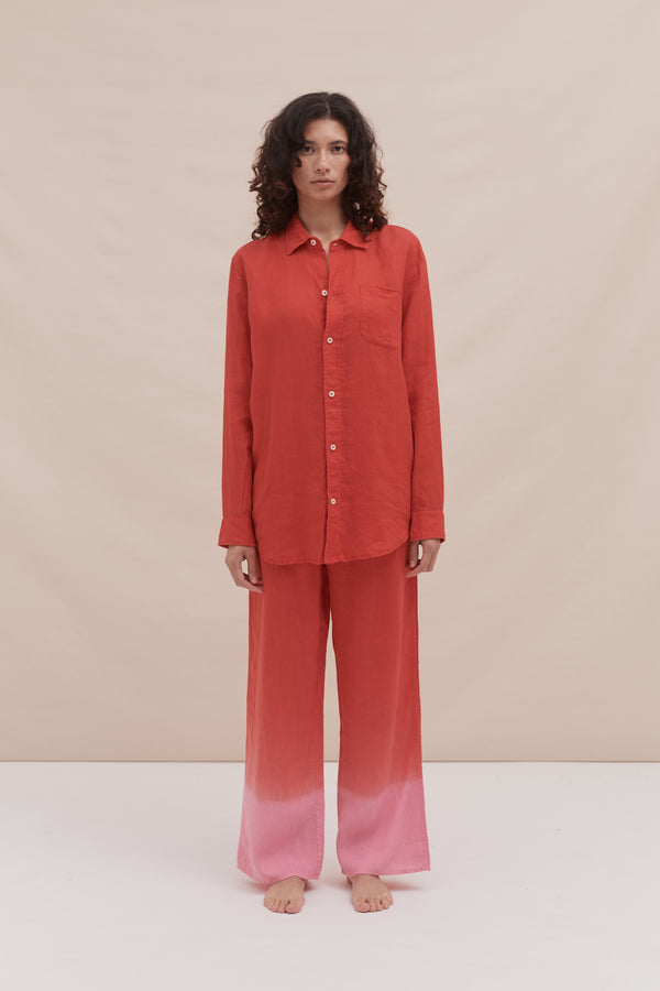 desmond & dempsey Long Lounge Set Dip Dye Red/Pink Linen