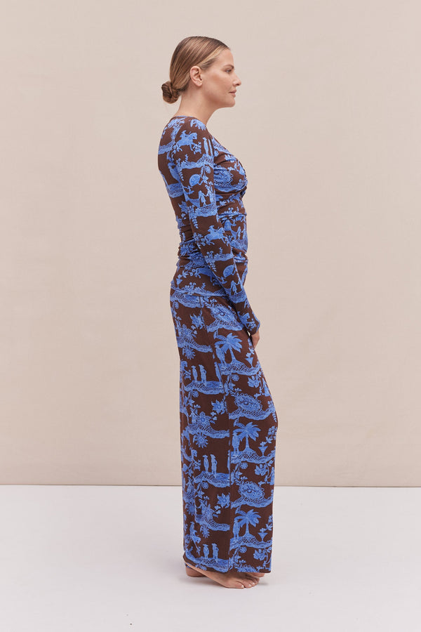 Desmond & Dempsey Lyocell Jersey Twist Top & Fold Over Trousers Set A Laced Dream Espresso/Blue
