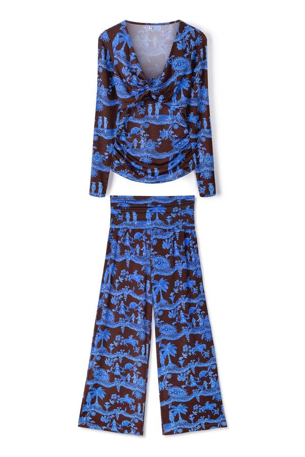 Desmond & Dempsey Lyocell Jersey Twist Top & Fold Over Trousers Set A Laced Dream Espresso/Blue