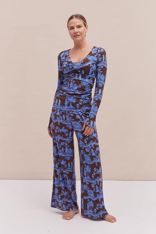 desmond & dempsey Lyocell Jersey Twist Top & Fold Over Trousers Set A Laced Dream Espresso/Blue