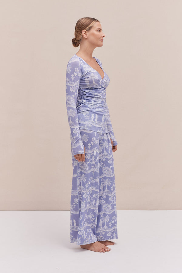 Desmond & Dempsey Lyocell Jersey Wrap Top & Fold Over Trousers Set A Laced Dream Blue