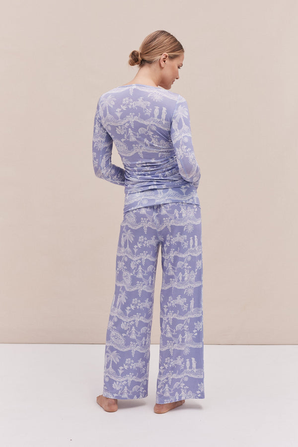 Desmond & Dempsey Lyocell Jersey Wrap Top & Fold Over Trousers Set A Laced Dream Blue