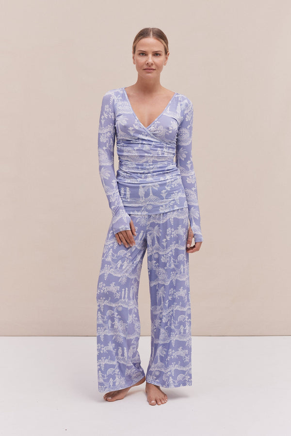 desmond & dempsey Lyocell Jersey Wrap Top & Fold Over Trousers Set A Laced Dream Blue