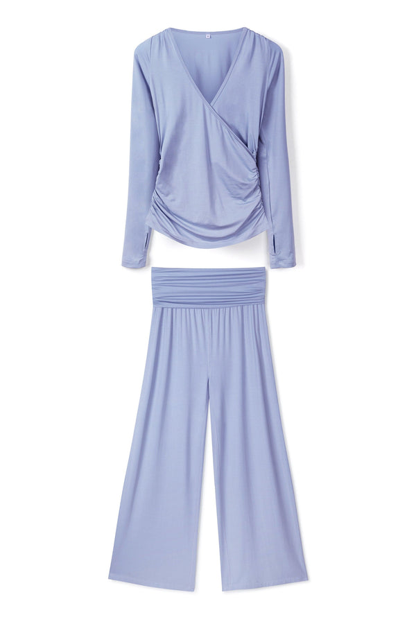 Desmond & Dempsey Lyocell Jersey Wrap Top & Fold Over Trousers Set Blue