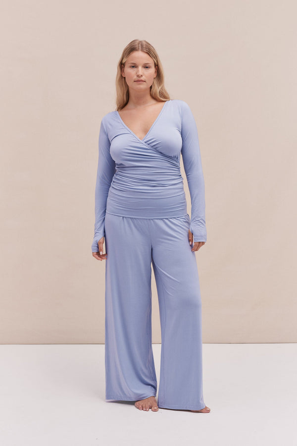 desmond & dempsey Lyocell Jersey Wrap Top & Fold Over Trousers Set Blue