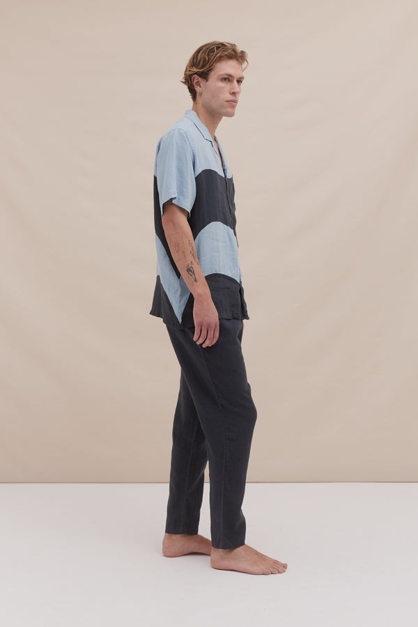 Desmond & Dempsey Men’s Cuban Long Pyjama Set Plain/Salacia Print Petrol/Sky Blue Linen