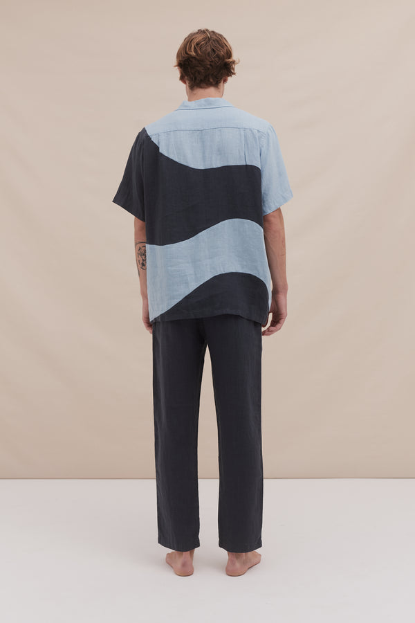 Desmond & Dempsey Men’s Cuban Long Pyjama Set Plain/Salacia Print Petrol/Sky Blue Linen