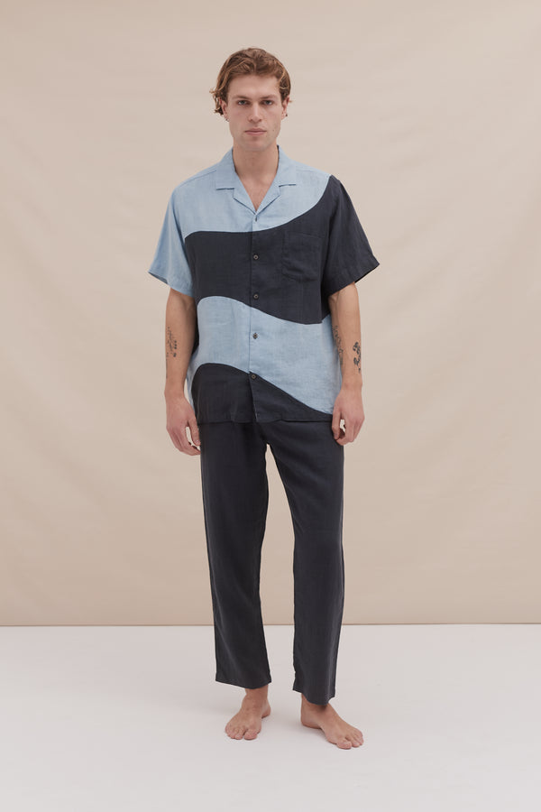 desmond & dempsey Men’s Cuban Long Pyjama Set Plain/Salacia Print Petrol/Sky Blue Linen