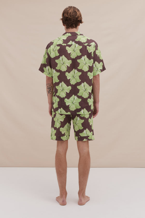 Desmond & Dempsey Men’s Cuban Pyjama Set Grand Hibiscus Print Cocoa/Lime Linen