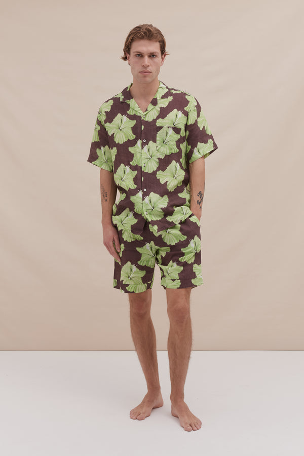desmond & dempsey Men’s Cuban Pyjama Set Grand Hibiscus Print Cocoa/Lime Linen