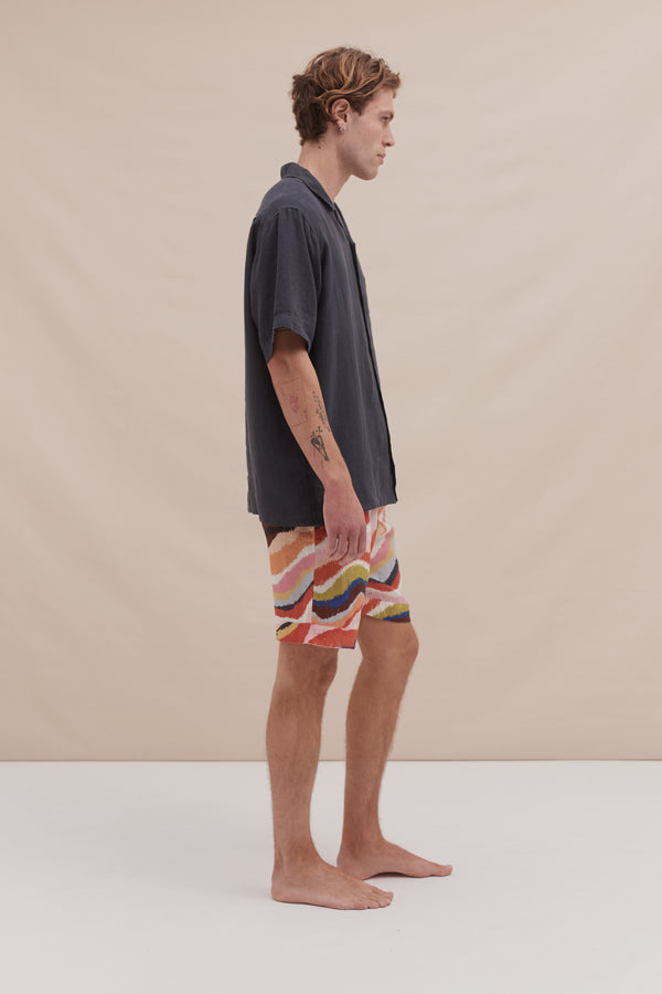 Desmond & Dempsey Men's Cuban Pyjama Set Plain/Tide Print Petrol/Multi Linen