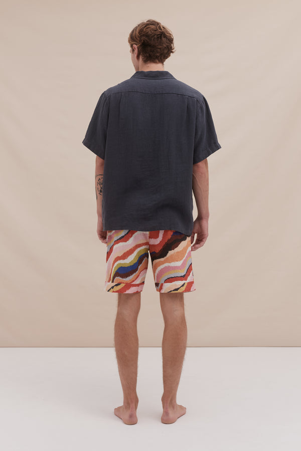 Desmond & Dempsey Men's Cuban Pyjama Set Plain/Tide Print Petrol/Multi Linen