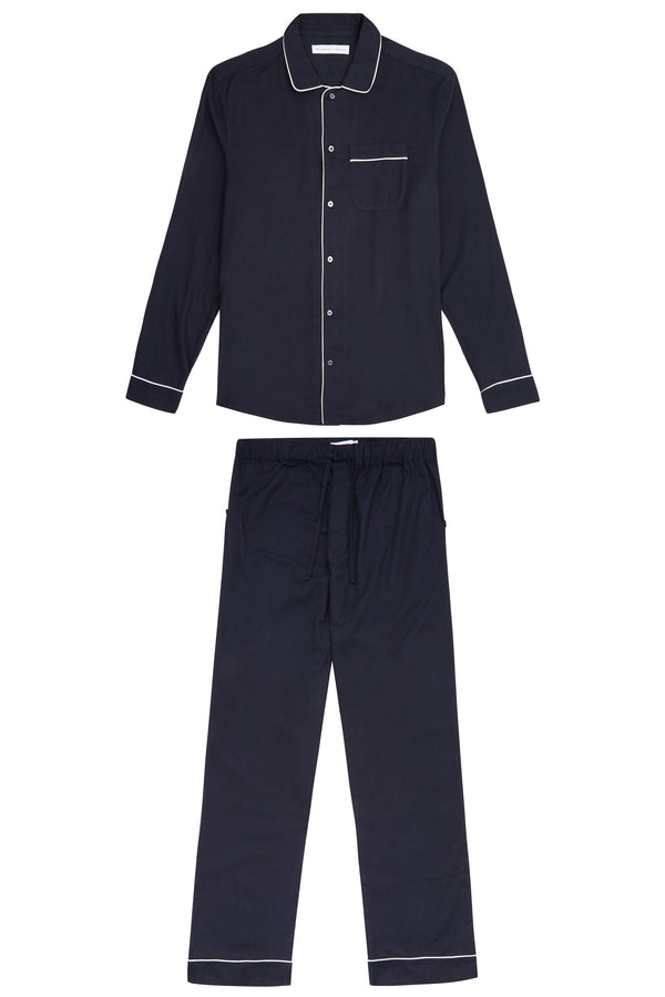 Desmond & Dempsey Men's Long Pyjama Set Navy Brushed Cotton