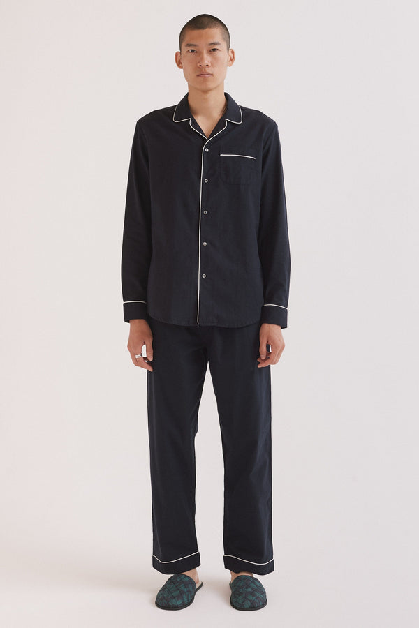 desmond & dempsey Men's Long Pyjama Set Navy Brushed Cotton