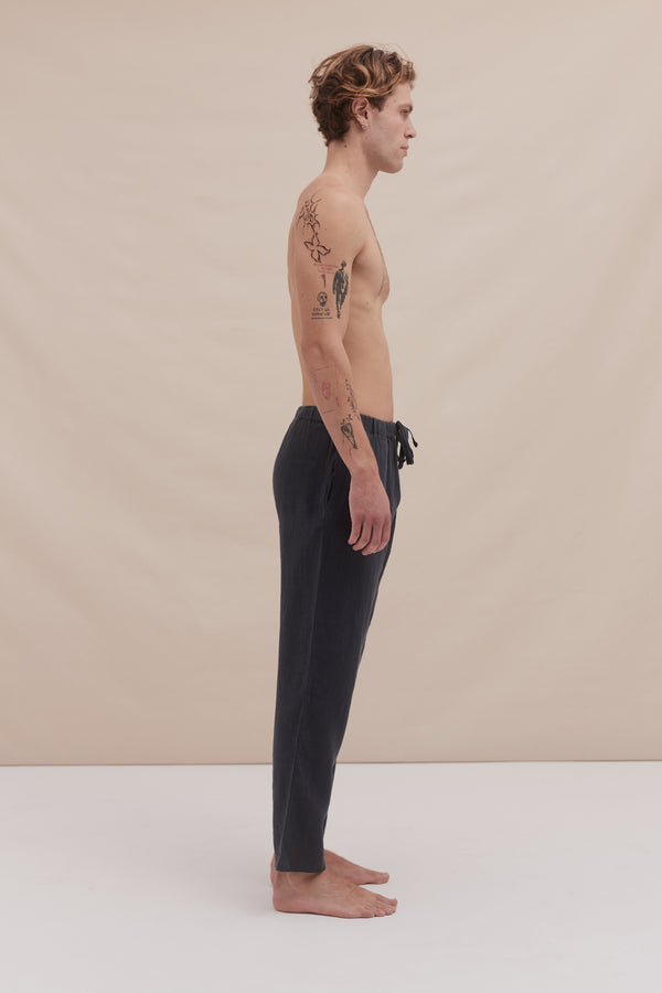 Desmond & Dempsey Men's Tapered Pyjama Trousers Petrol Linen