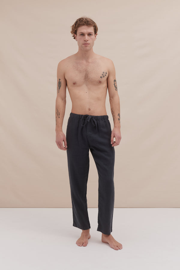 desmond & dempsey Men's Tapered Pyjama Trousers Petrol Linen
