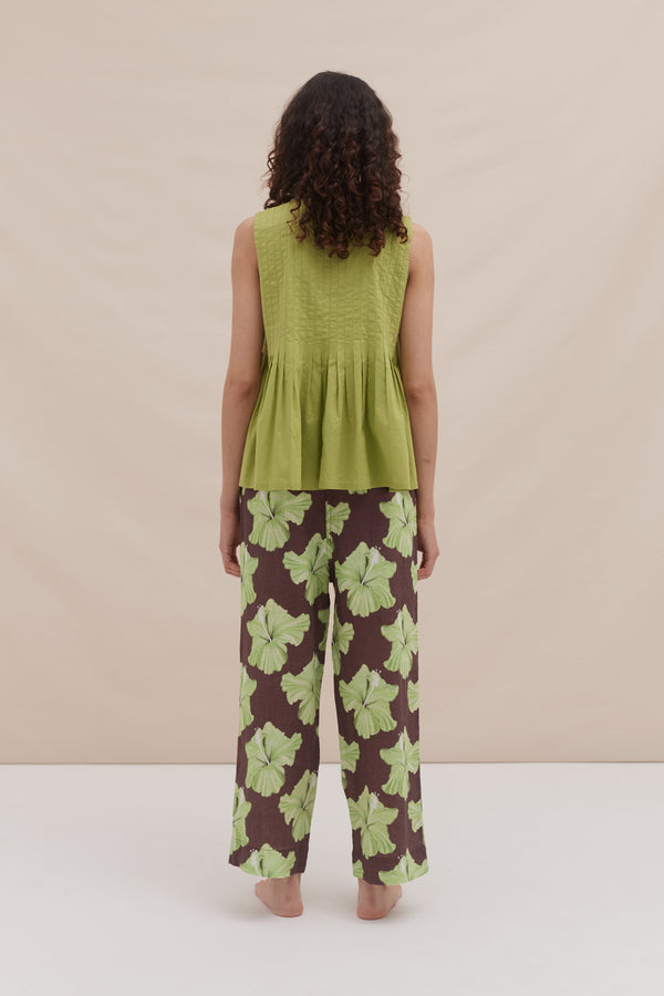 Desmond & Dempsey Pleated Cami And Pocket Trousers Set Plain/Grand Hibiscus Print Cocoa/Lime