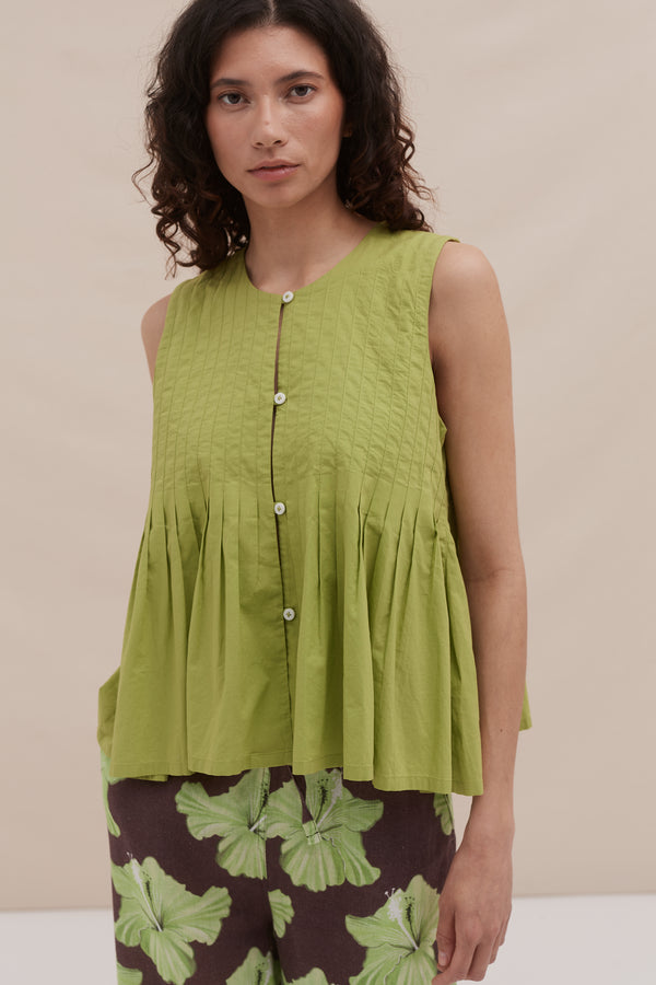 Desmond & Dempsey Pleated Cami And Pocket Trousers Set Plain/Grand Hibiscus Print Cocoa/Lime