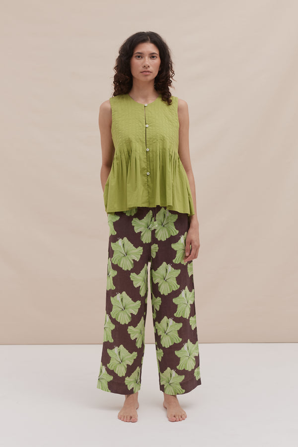 desmond & dempsey Pleated Cami and Pocket Trousers Set Plain/Grand Hibiscus Print Cocoa/Lime